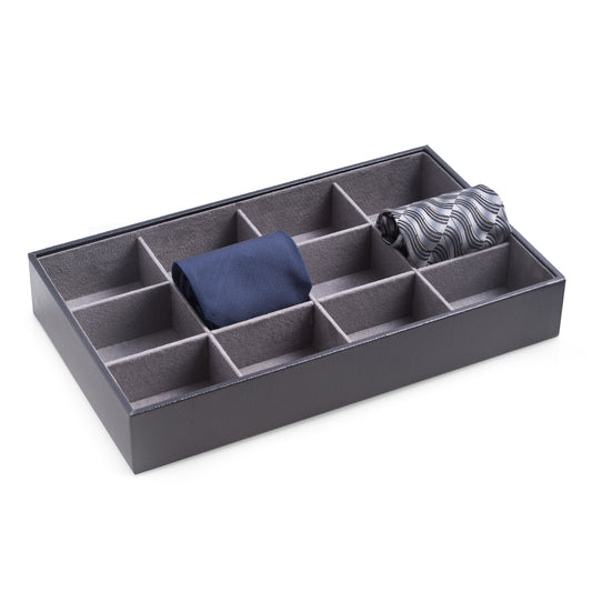 Occasion Gallery Black Color Black Leather Open Face 12 Tie Storage Case with Velour Lining. 9 L x 15.15 W x 2.25 H in.