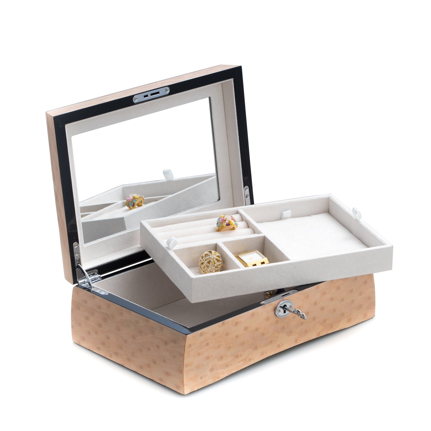 Occasion Gallery Lacquered "Salmon" Burl Wood Jewelry Box w/ Removable Tray on Top & Storage Compartment at Bottom. Slots for Rings & Necklace Pad w/ Soft Velour Lining, Mirror Under Lid & Locking Clasp. 11.65 L x 7.75 W x 3.75 H in.