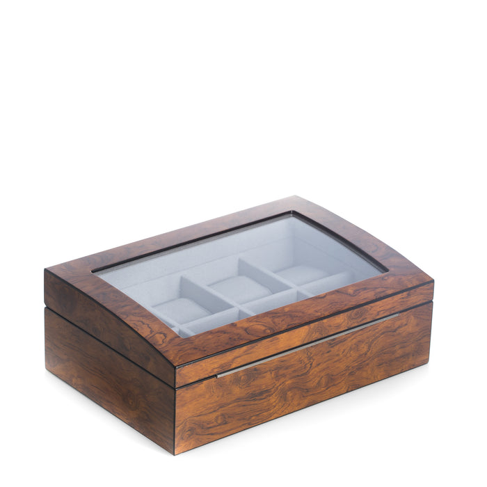Occasion Gallery Brown Color Lacquered Brown Burl Wood 8 Watch Case with Glass Top and Stainless Accents. Soft Velour Lined with Hideaway Hinges. 12.25 L x 8 W x 4 H in.