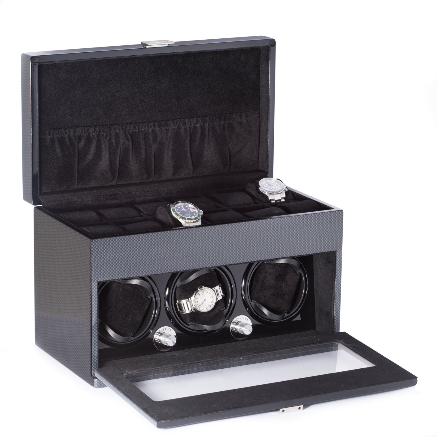 Occasion Gallery Lacquered "Carbon Fiber" Steel Gray 3 Watch Winder w/ Multiple Pre-programed Settings & Storage for 12 Watches on Top. Soft Velour Lined for a Scratch Free Surface & a Push Tab Clasp. Works on AC Power.  14 L x 7.5 W x 9 H in.