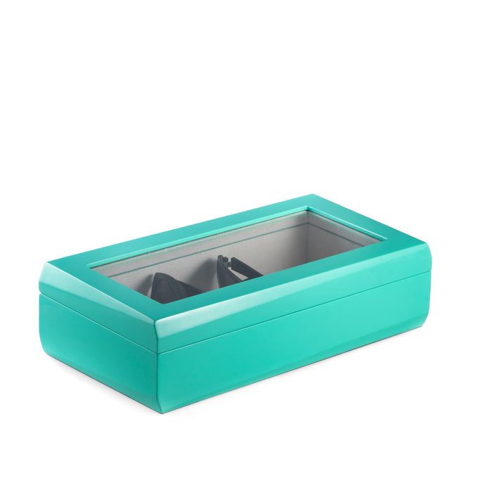 Occasion Gallery Turquoise Color Lacquered Turquoise Wood Multi Eyeglass Case with Glass Top and Velour Lined. 13.5 L x 7.15 W x 3.75 H in.