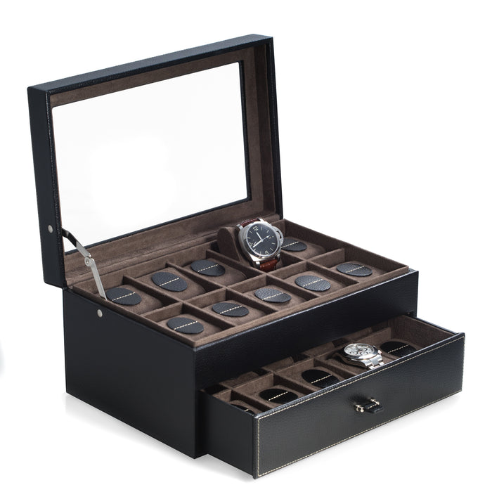Occasion Gallery Black Color Black Pebbled Leather 20 Watch Case with Glass See-thru Top and Drawer. Divided Compartments with Soft Scratch Free Velour Lining and Pillows for a Secure Nesting Storage of up to 50mm Bezel Watches. 12 L x 8.25 W x 6 H in.
