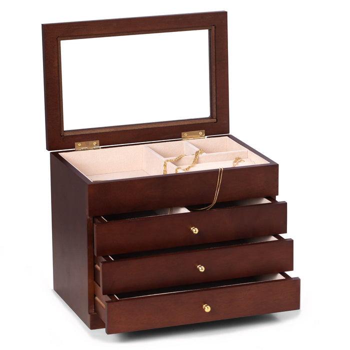 Occasion Gallery Brown Color Rosewood jewelry box with glass viewing top 11.5 L x 7.5 W x 9 H in.