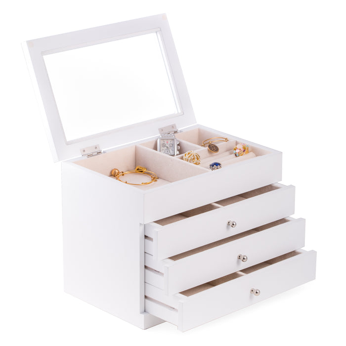 Occasion Gallery White Color White Wood Jewelry Case with 3 Drawers and Glass See-thru Top. Includes 2 Divided Drawers, Slots for Rings & Earrings and Soft Velour Lined. 11.5 L x 7.5 W x 9 H in.