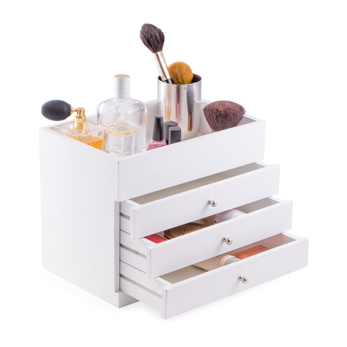 Occasion Gallery White Color White Wood Makeup Case with 3 Drawers and Open Top. Vinyl Lined for Easy Cleaning. 11.5 L x 7.5 W x 9 H in.