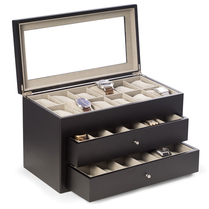 Occasion Gallery Black Color Matte Black Wood 36 Watch Box with Glass Top & 2 Drawers, Velour Lining & Pillows. 16.25 L x 8.25 W x 9.5 H in.