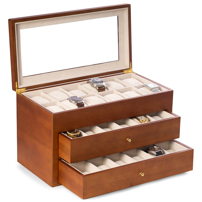 Occasion Gallery Brown Color Cherry Wood 36 Watch Box with Glass Top & 2 Drawers, Velour Lining & Pillows. 16.25 L x 8.25 W x 9.5 H in.