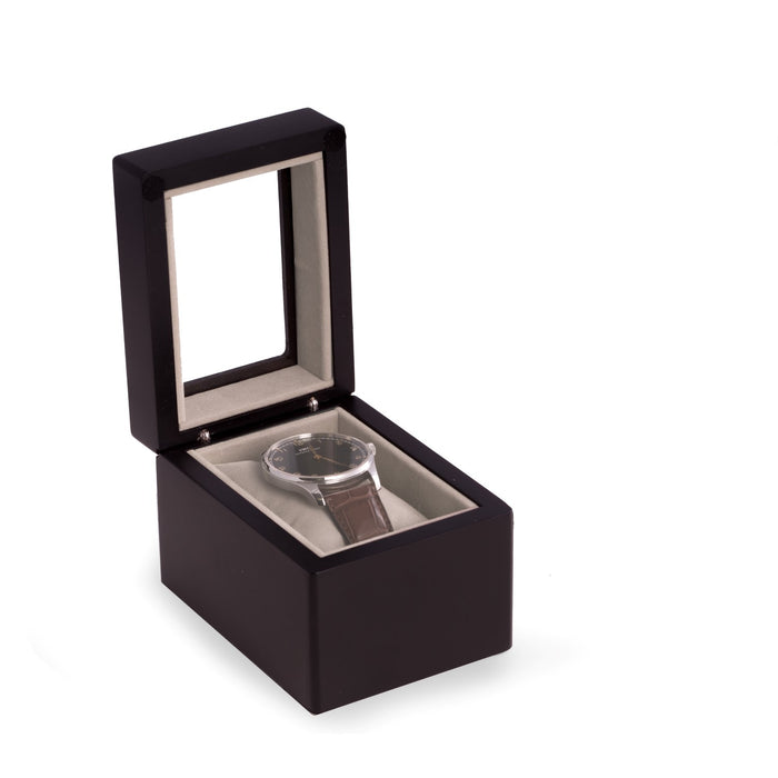 Occasion Gallery Black Color Matte Black Wood Single Watch Box with Glass Top, Velour Lining & Pillow. 4.5 L x 3.25 W x 3.25 H in.