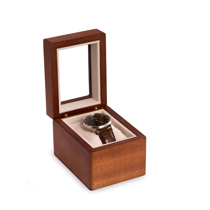 Occasion Gallery Brown Color Cherry Wood Single Watch Box with Glass Top, Velour Lining & Pillow. 4.5 L x 3.25 W x 3.25 H in.