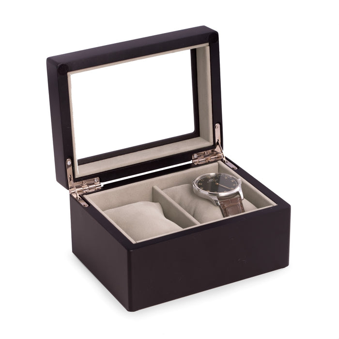 Occasion Gallery Black Color Matte Black Wood 2 Watch Box with Glass Top, Velour Lining & Pillows. 6 L x 4.5 W x 3.25 H in.