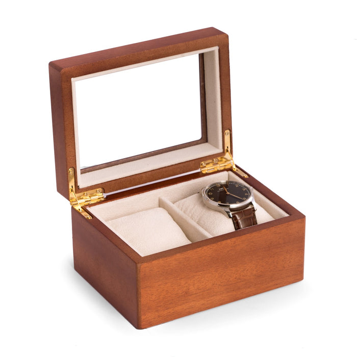 Occasion Gallery Brown Color Cherry Wood 2 Watch Box with Glass Top, Velour Lining & Pillows. 6 L x 4.5 W x 3.25 H in.
