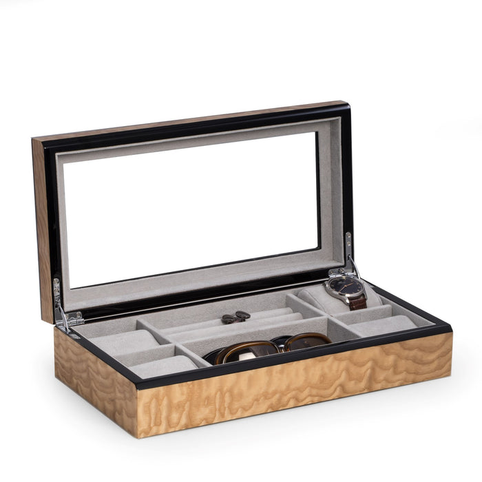 Occasion Gallery Ash Burl Color Lacquered "Burl" Wood Valet / Jewelry Box with Glass Top and Soft Velour Lining. Includes Slots for Rings and Cufflinks and 4 Watch or Bracelet Pillows. 14.5 L x 7.5 W x 3.25 H in.