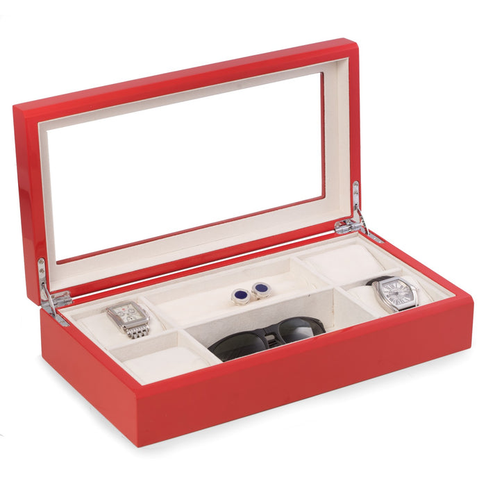 Occasion Gallery Red Color Lacquered Red Wood Valet / Jewelry Box with Glass Top and Soft Velour Lining. Includes Slots for Rings and Cufflinks and 4 Watch or Bracelet Pillows. 14.5 L x 7.5 W x 3.25 H in.