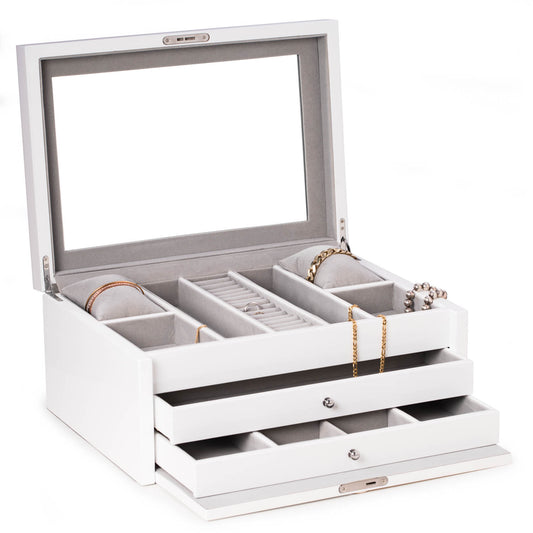 Occasion Gallery White  Color White lacquer large jewelry chest with multi-compartment storage 15.75 L x 11.25 W x 7 H in.
