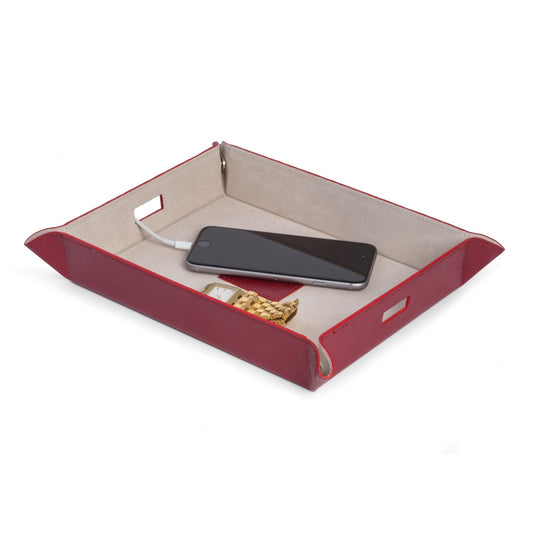 Occasion Gallery RED Color Red Lizard Deboss Leather Valet & Charging Station with Pig Skin Leather Lining. Continent Side Openings for Easy Charging Cord Pass-thru. 10 L x 7.75 W x 1.75 H in.