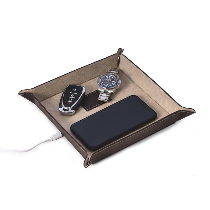 Occasion Gallery Brown Color Brown Leather Valet Tray with Wireless Charger 9 L x 9 W x 1.4 H in.