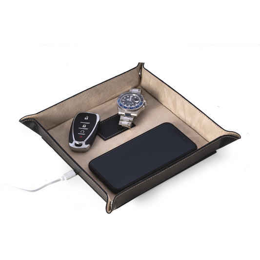 Occasion Gallery Black Color Black Leather Valet Tray with Wireless Charger 9 L x 9 W x 1.4 H in.