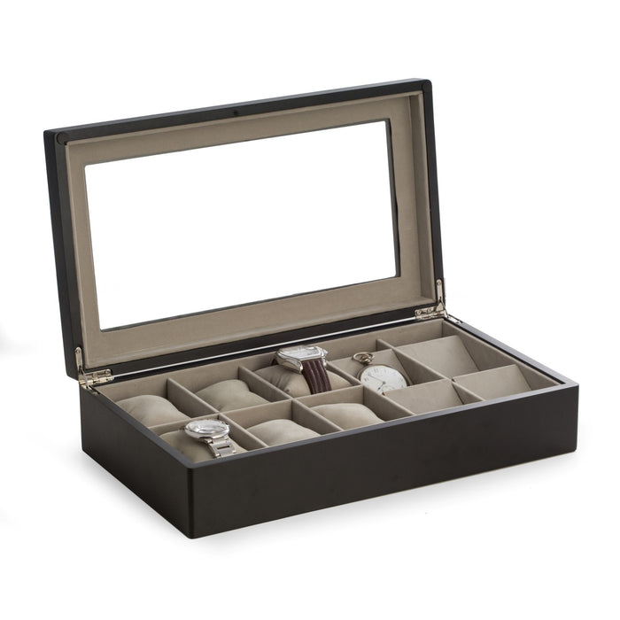 Occasion Gallery BLACK Color Matte Black Wood Six Watch and Four Pocket Watch Storage Box with Glass Top and Soft Velour Lining. 8.25 L x 14.25 W x 3.25 H in.