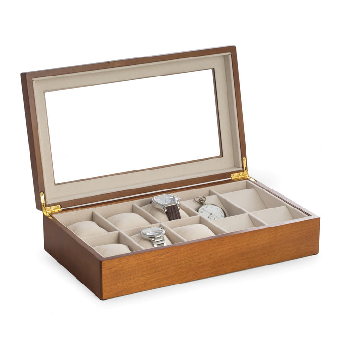 Occasion Gallery Brown Color Cherry Wood Six Watch and Four Pocket Watch Storage Box with Glass Top and Soft Velour Lining. 8.25 L x 14.25 W x 3.25 H in.