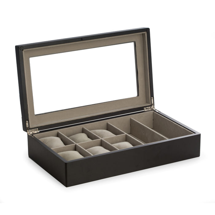 Occasion Gallery BLACK Color Matte Black Wood Six Watch and Two Sunglass Storage Box with Glass Top and Soft Velour Lining. 8.25 L x 14.25 W x 3.25 H in.