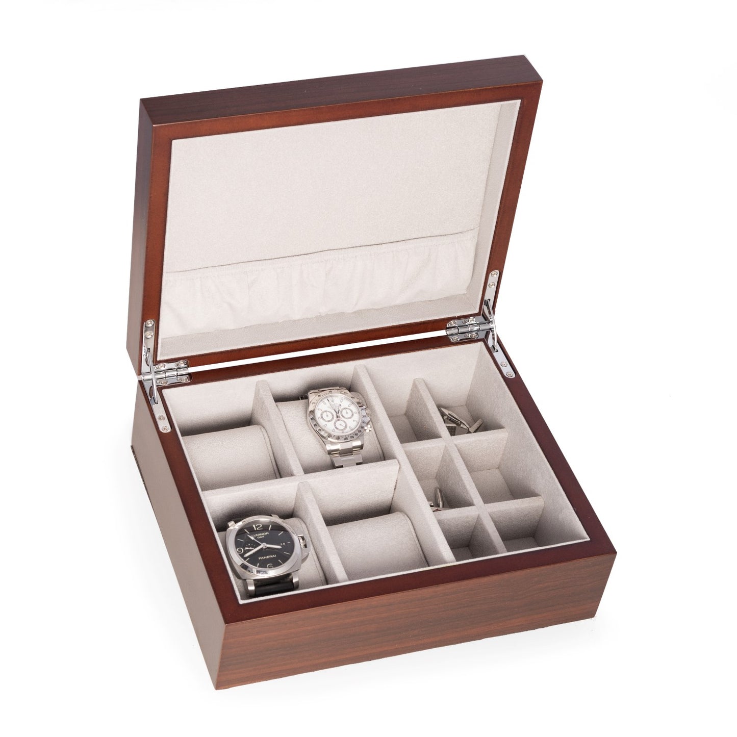 Occasion Gallery BROWN Color 4 Watch and 6 Cufflink Storage Box in "Walnut" Matt Finish.  8 L x 10 W x 3.75 H in.
