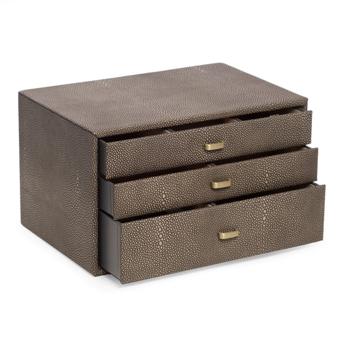 Occasion Gallery BROWN Color Three Level Leather Jewelry Storage Box with Stingray Deboss and Brushed Brass Hardware. Multi-Compartments, Ring Storage and Four Watch Compartments with Pillows in a Soft Velour Lining.  9 L x 12 W x 7 H in.