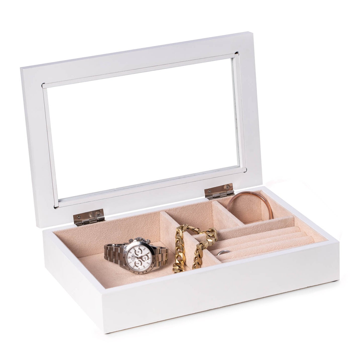 Occasion Gallery White  Color White jewelry box with glass viewing top.  11.5 L x 7.5 W x 2.5 H in.