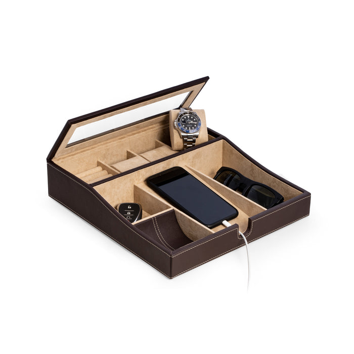 Occasion Gallery Brown  Color Brown leather valet tray with multi-compartment storage  11 L x 12 W x 2.75 H in.