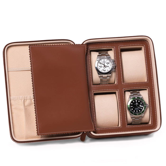 Occasion Gallery Brown Color Saddle leather four watch and accessory case 7.75 L x 6 W x 3.5 H in.