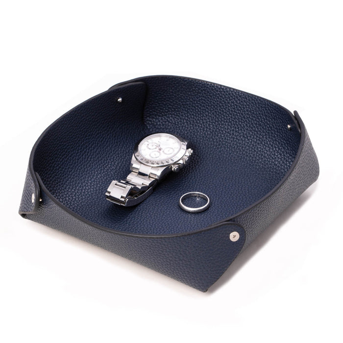 Occasion Gallery Navy Color Leather catchall valet tray in lay flat design 7 L x 7 W x 2 H in.
