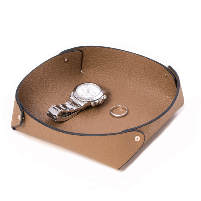 Occasion Gallery Taupe Color Leather catchall valet tray in lay flat design 7 L x 7 W x 2 H in.