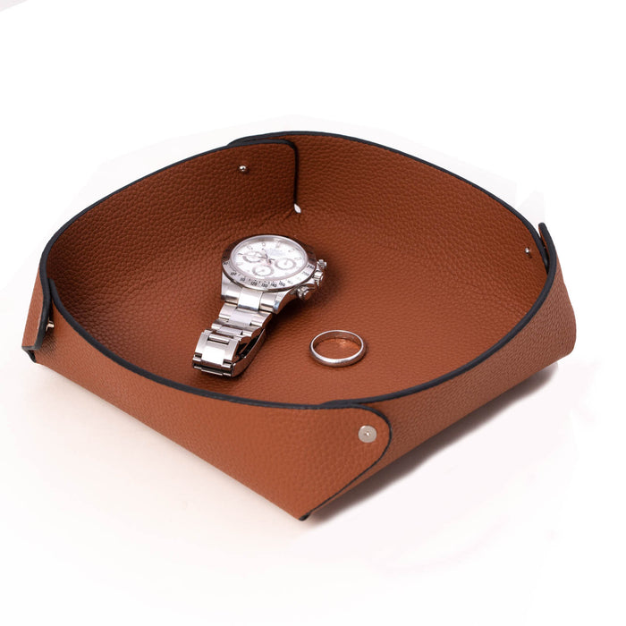 Occasion Gallery Saddle Color Leather catchall valet tray in lay flat design 7 L x 7 W x 2 H in.