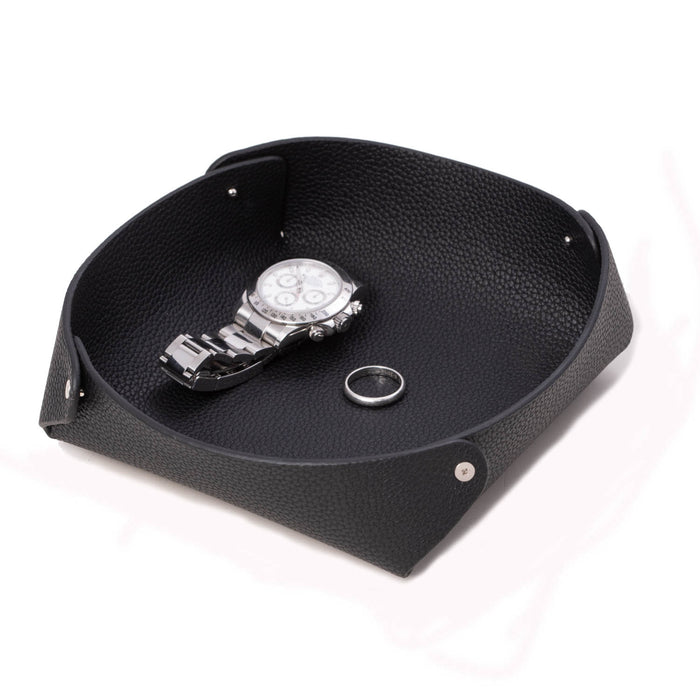 Occasion Gallery Black Color Leather catchall valet tray in lay flat design 7 L x 7 W x 2 H in.