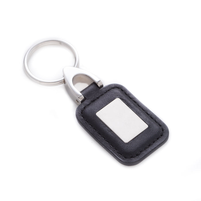 Occasion Gallery Black/Silver Color Black Leather Key Ring with ID Tag and Chrome Trim. 1.25 L x 0.25 W x 3.25 H in.