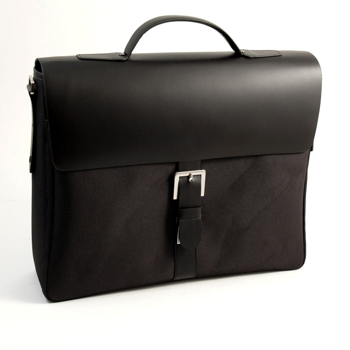 Occasion Gallery Black Color Black Leather & Ballistic Nylon Briefcase with Multi Compartments and Shoulder Strap. 15 L x 4 W x 12 H in.