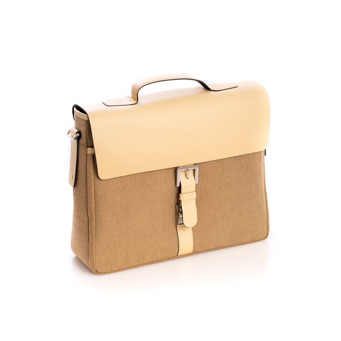 Occasion Gallery Ivory/Khaki Color Ivory Leather & Khaki  Fabric Briefcase with Multi Compartments and Shoulder Strap. 15 L x 4 W x 12 H in.