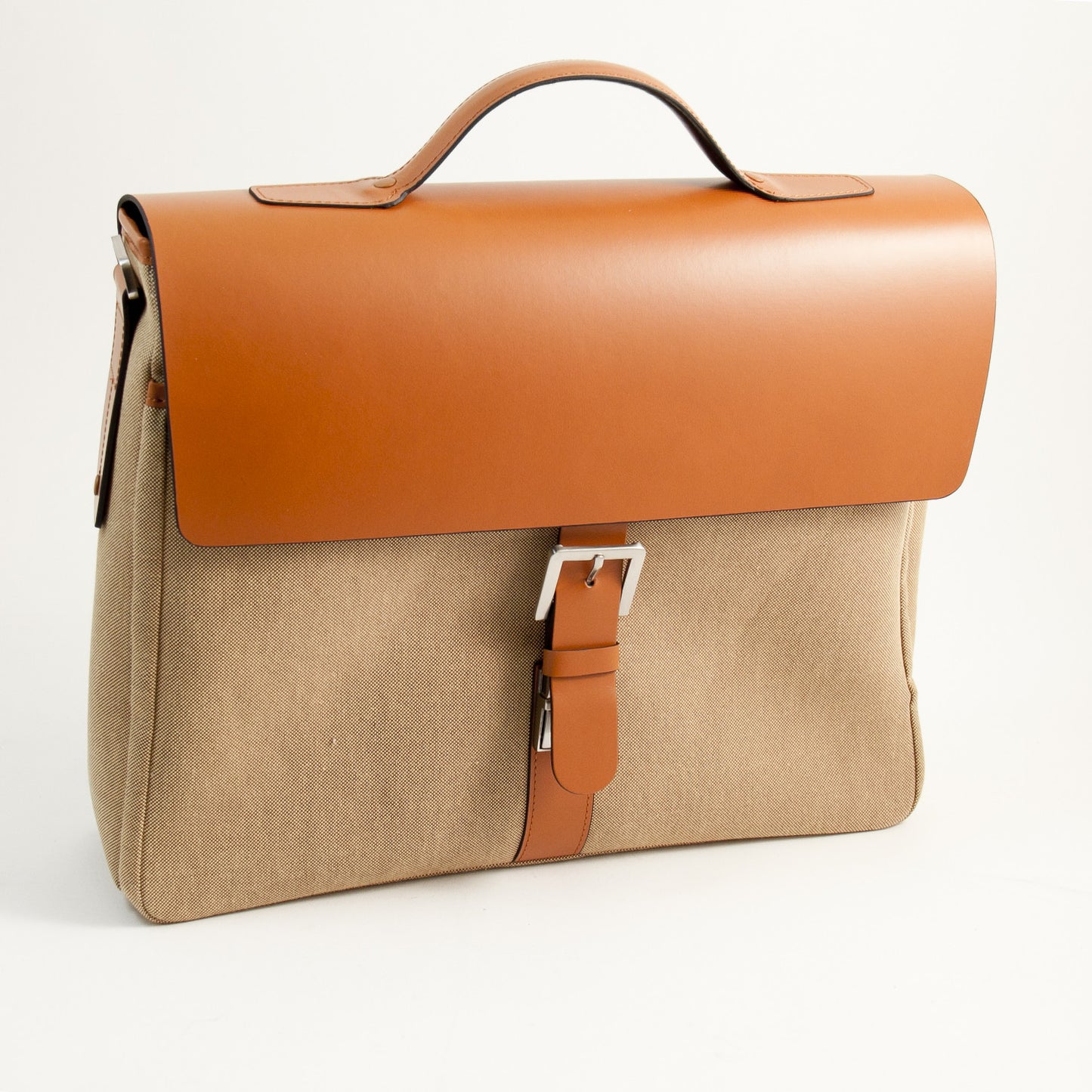 Occasion Gallery Saddle/Khaki Color Saddle Leather & Khaki Fabric Briefcase with Multi Compartments and Shoulder Strap. 15 L x 4 W x 12 H in.