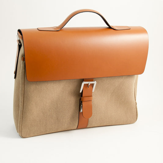 Occasion Gallery Saddle/Khaki Color Saddle Leather & Khaki Fabric Briefcase with Multi Compartments and Shoulder Strap. 15 L x 4 W x 12 H in.