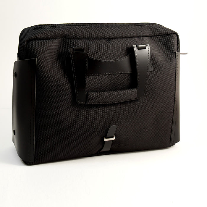 Occasion Gallery Black Color Black Leather & Ballistic Nylon Briefcase with Padded Computer Compartment and Shoulder Strap.  15.5 L x 4 W x 12 H in.