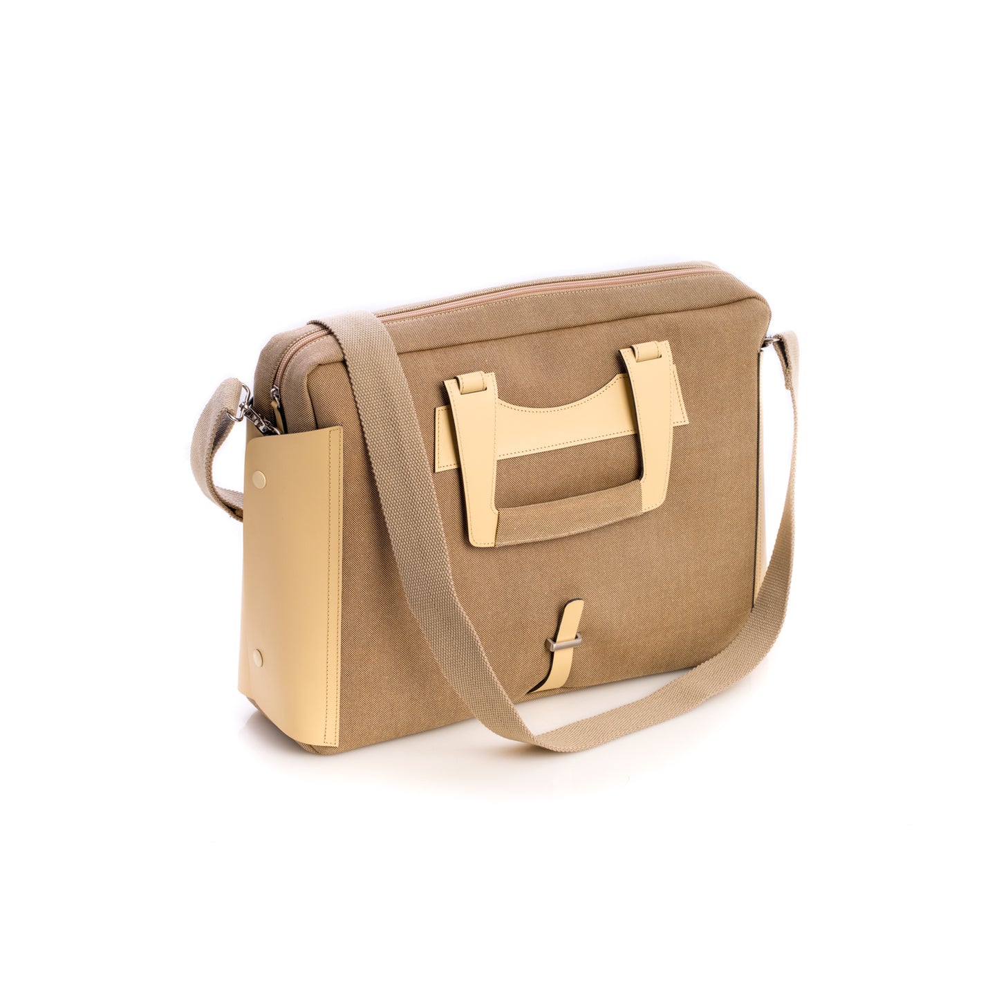 Occasion Gallery Ivory/Khaki Color Ivory Leather & Khaki Fabric Briefcase with Padded Computer Compartment and Shoulder Strap.  15.5 L x 4 W x 12 H in.