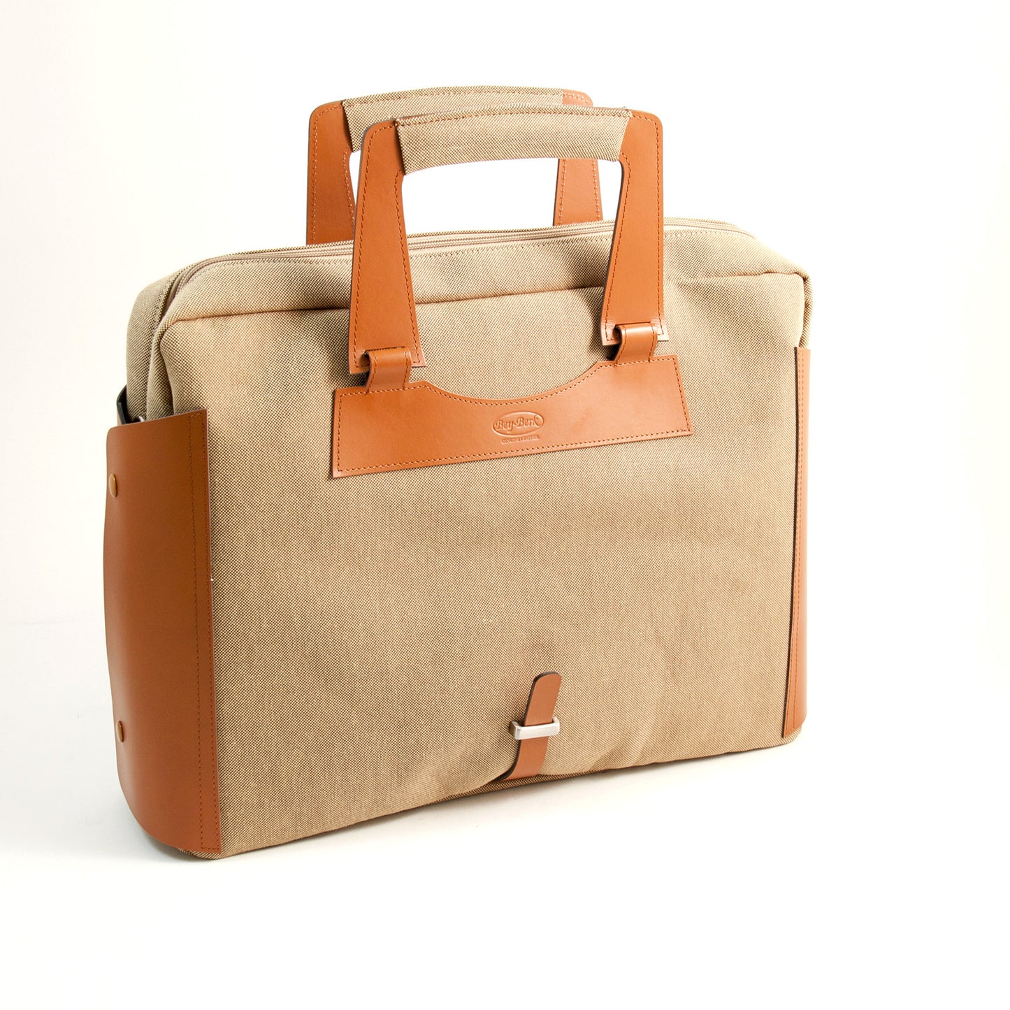 Occasion Gallery Saddle/ Khaki Color Saddle Leather & Khaki Fabric Briefcase with Padded Computer Compartment and Shoulder Strap.  15.5 L x 4 W x 12 H in.