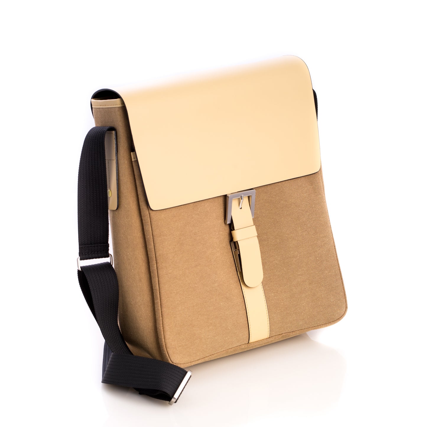 Occasion Gallery Ivory/Khaki Color Ivory Leather & Khaki Fabric Messenger Bag with Shoulder Strap. 11 L x 4 W x 13.5 H in.
