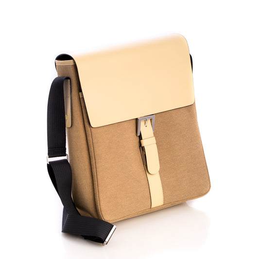 Occasion Gallery Ivory/Khaki Color Ivory Leather & Khaki Fabric Messenger Bag with Shoulder Strap. 11 L x 4 W x 13.5 H in.