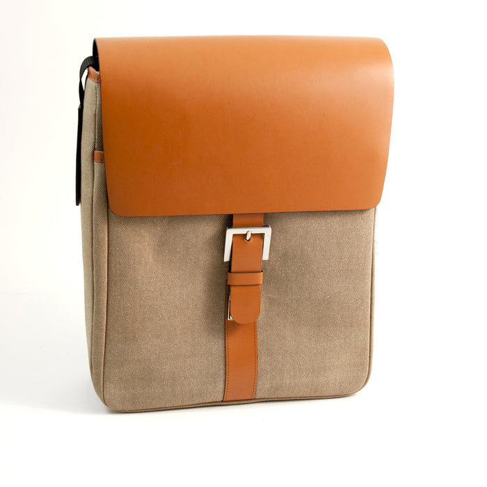 Occasion Gallery Saddle/Khaki Color Saddle Leather & Khaki Fabric Messenger Bag with Shoulder Strap. 11 L x 4 W x 13.5 H in.