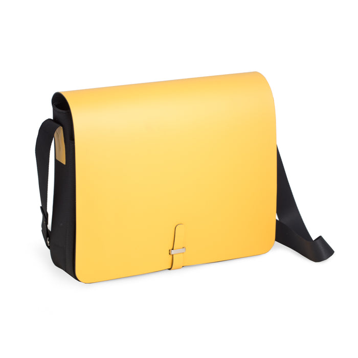 Occasion Gallery Yellow Color Yellow Leather & Ballistic Nylon Shoulder Bag with Multi Compartments. 13.75 L x 3.75 W x 11 H in.