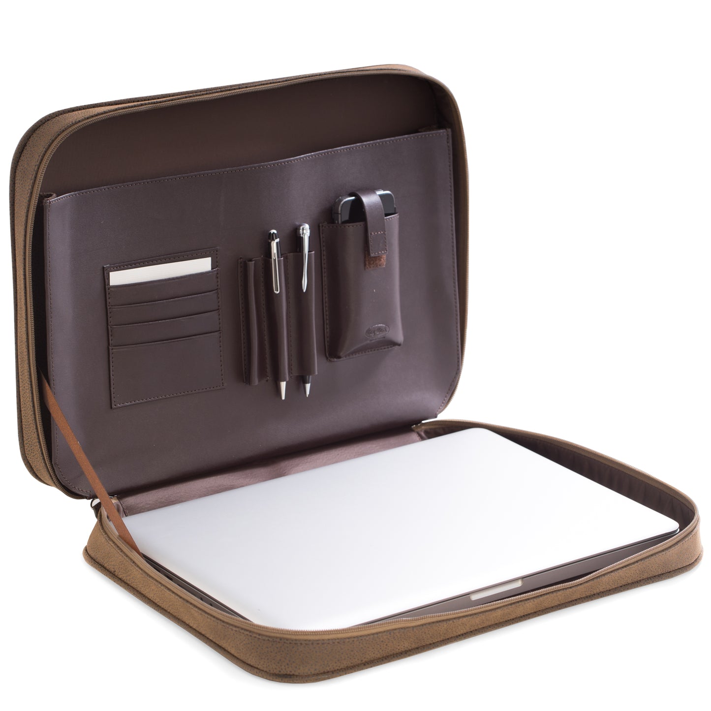 Occasion Gallery Brown Color Brown Ultra Suede & Leather Computer Carrying Case with Accessory Compartments and Zipper Closure.  16.25 L x 11.75 W x 2.75 H in.