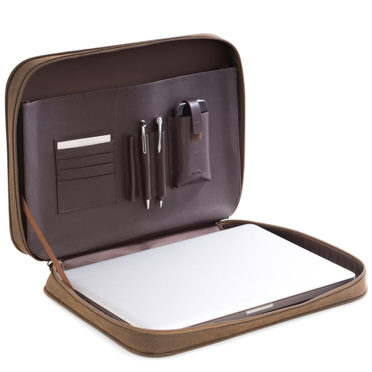 Occasion Gallery Brown Color Brown Ultra Suede & Leather Computer Carrying Case with Accessory Compartments and Zipper Closure.  16.25 L x 11.75 W x 2.75 H in.