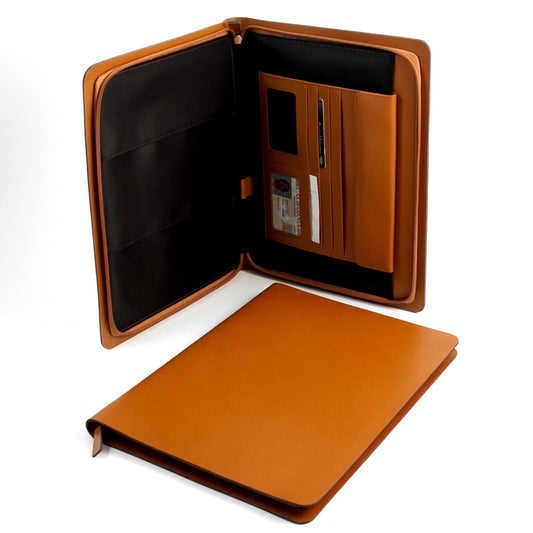 Occasion Gallery Saddle Color Saddle Leather Portfolio with Multi Compartments and Zipper Closure. 10 L x 1 W x 13.5 H in.