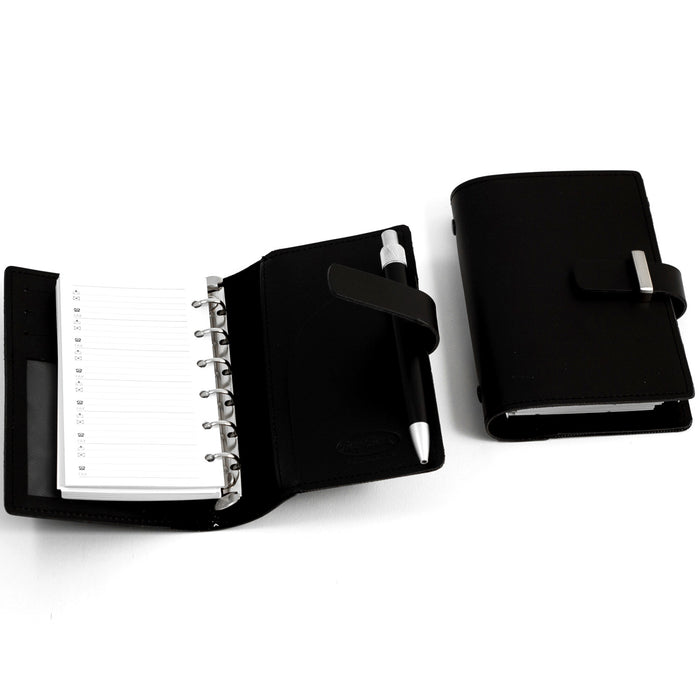 Occasion Gallery Black Color Black Leather Agenda Book with Ball Point Pen, Six Ring Binder, Slots for Cards and ID Window. 4 L x 1 W x 6 H in.