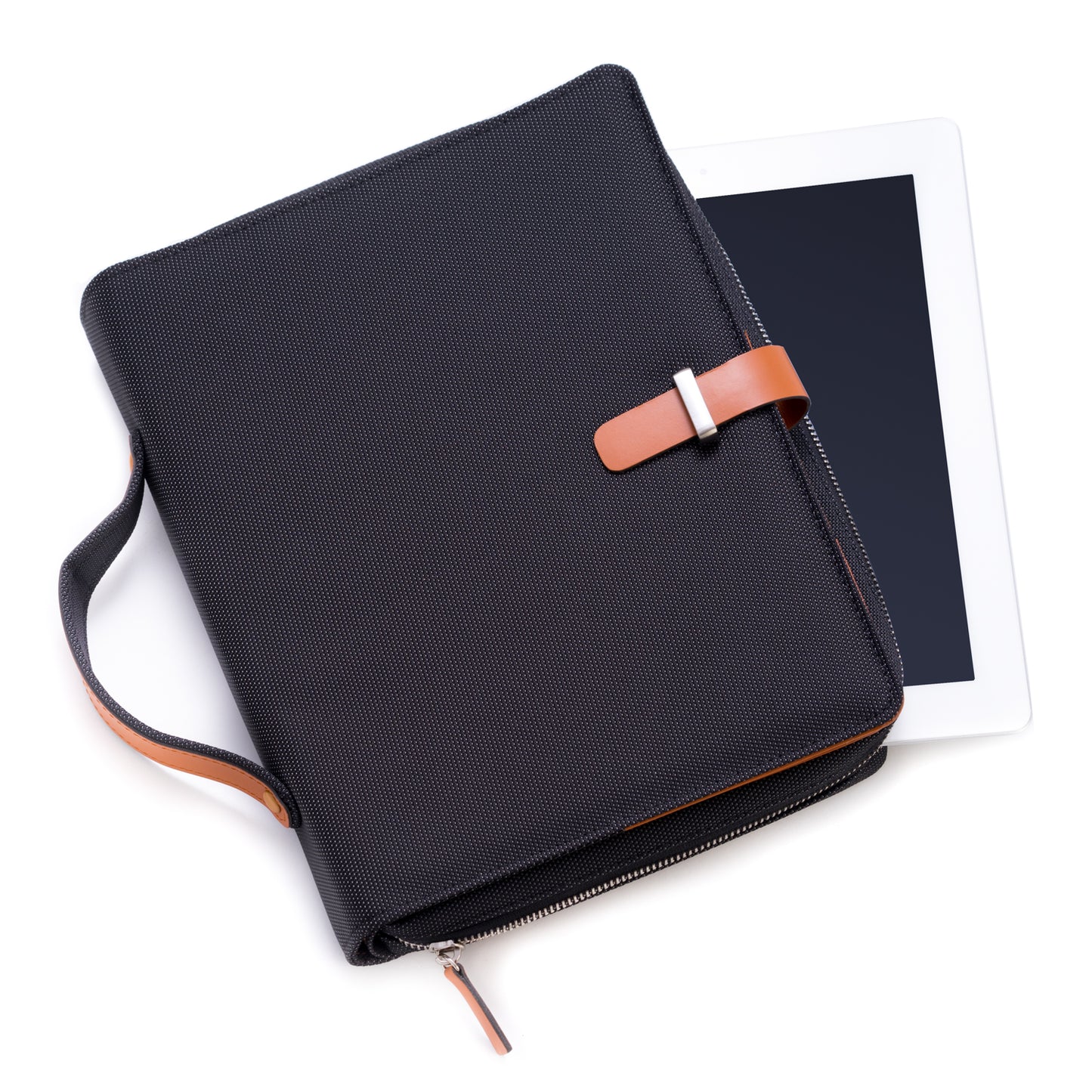 Occasion Gallery Saddle Color Saddle Leather & Ballistic Nylon Tablet Carrying Case with Multi Compartment Portfolio and Zippered Closure. 10.5 L x 8.5 W x 1.5 H in.